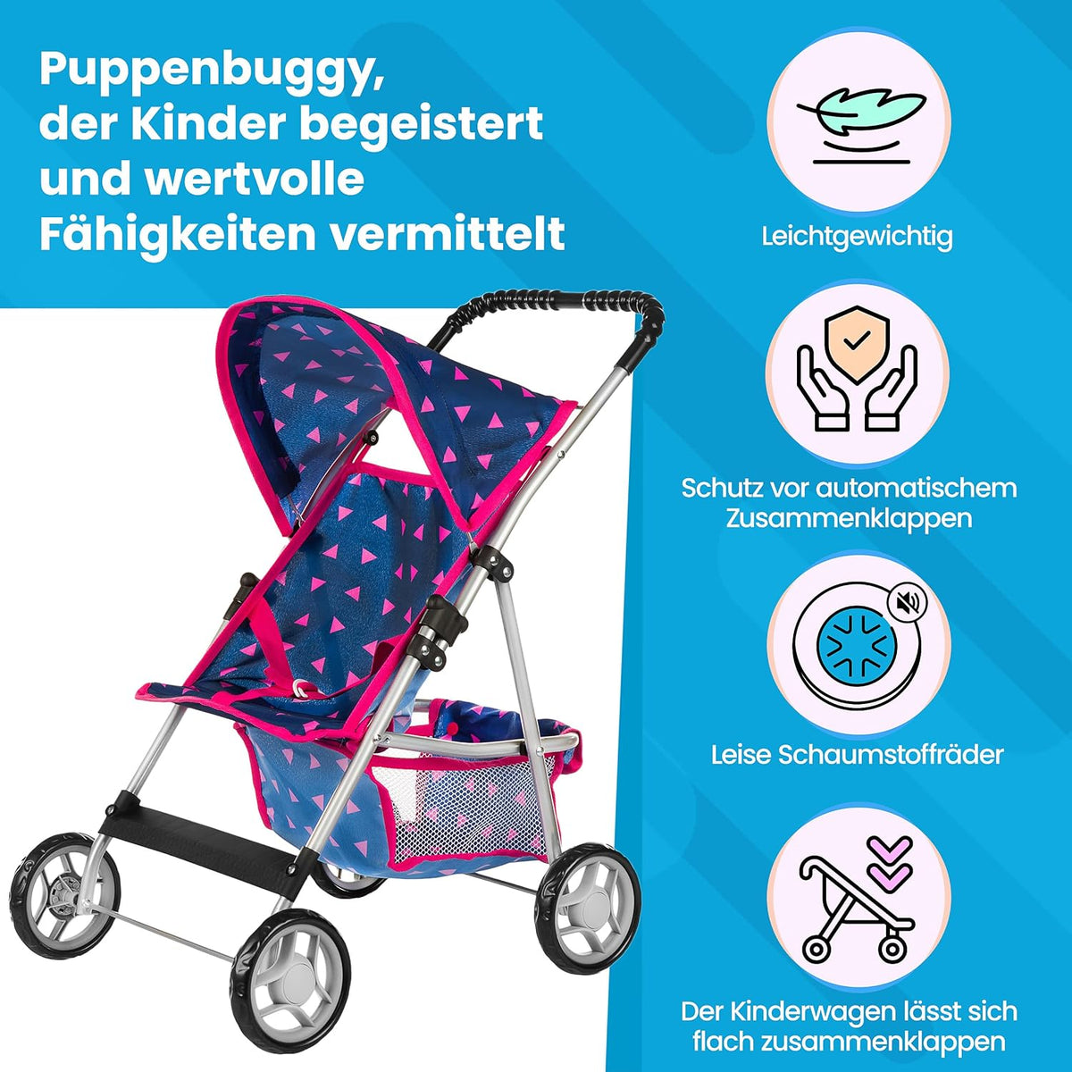 Baby Doll Stroller, Pram for Girls, Umbrella Stroller for Kids - Navy Blue in Triangles - image 2