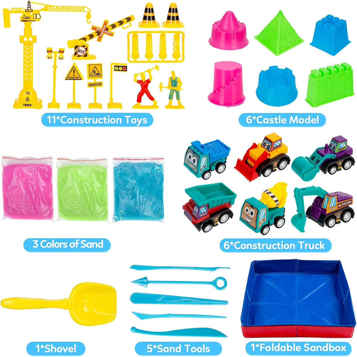 Sand Kit for Kids, 6 Mini Construction Trucks - image 3