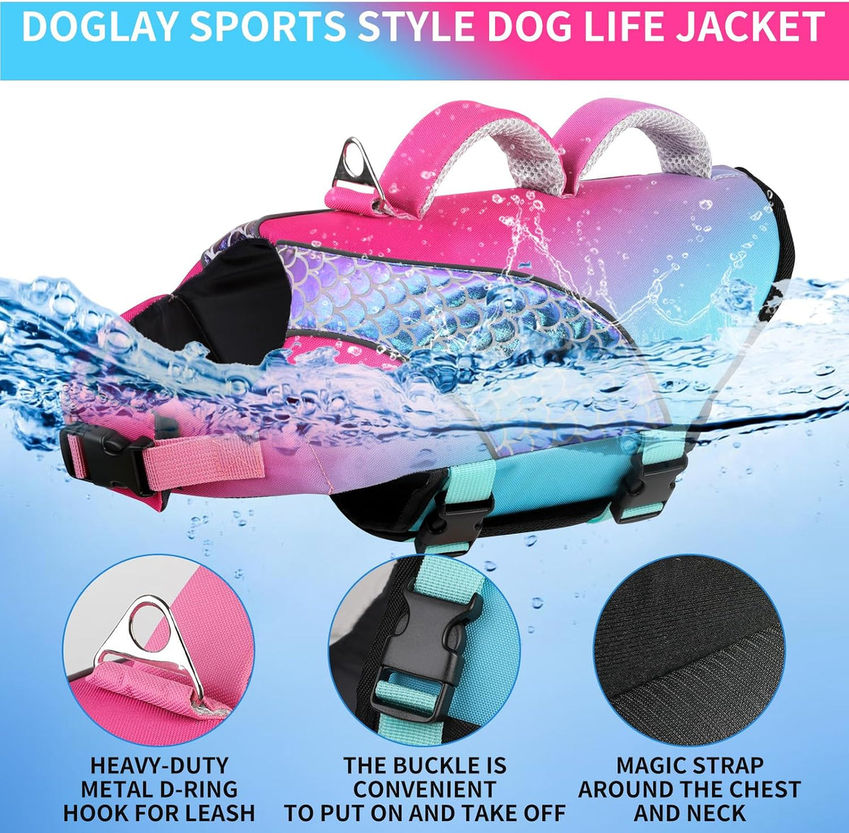 Doglay Dog Life Jacket, Swim Vest for Boating & Swimming - Xl :27.6"-38.6" (Ribcage Girth)- Double Handles / Fish scale Gradient - image 3