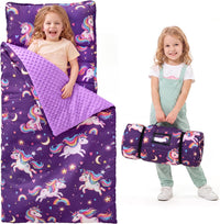 JOIEDOMI Toddler Nap Mat with Removable Pillow and Minky Blanket - Purple Rainbow Unicorn
