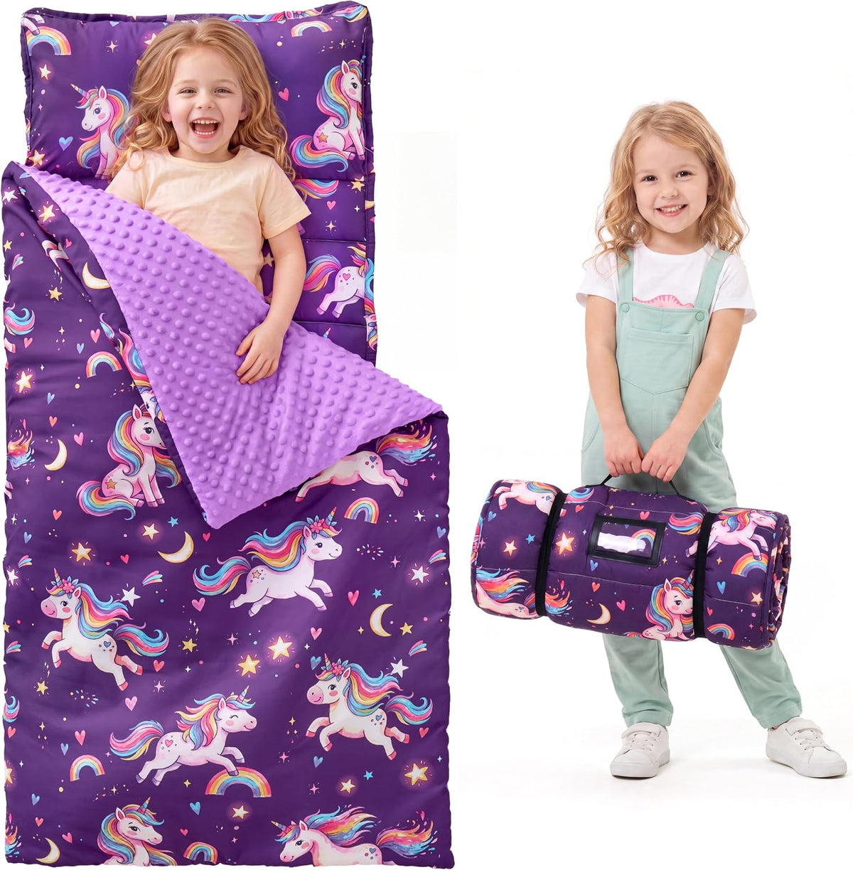 JOIEDOMI Toddler Nap Mat with Removable Pillow and Minky Blanket - Purple Rainbow Unicorn