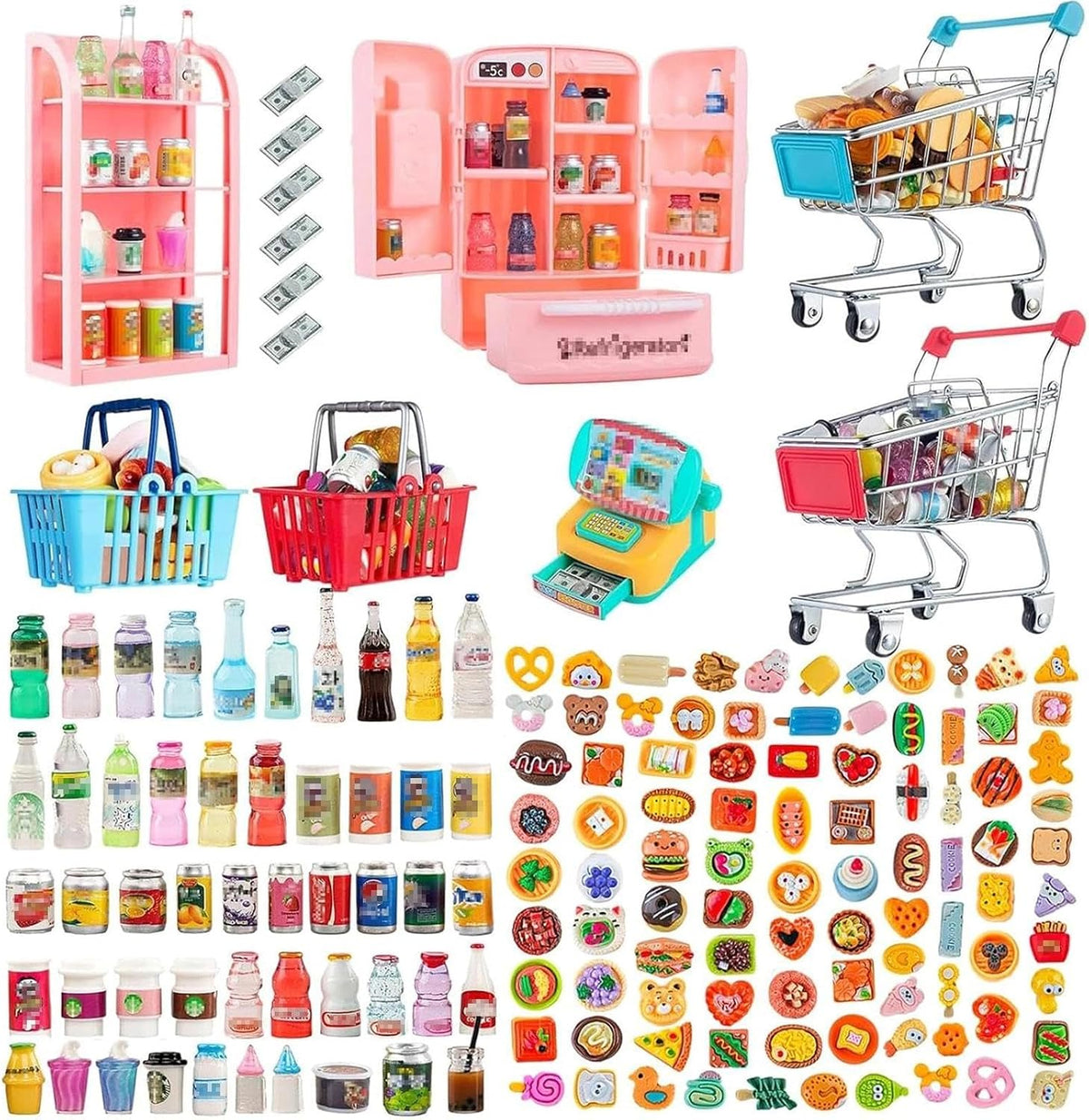 164Pcs Mini Shopping Cart Basket Miniature Food Drink Toy Supermarket