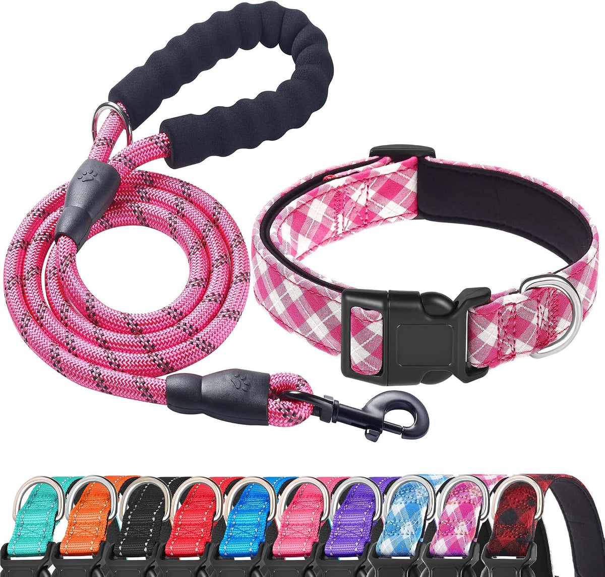 Ladoogo Reflective Dog Collar Padded with Soft Neoprene - Pink/White / Medium