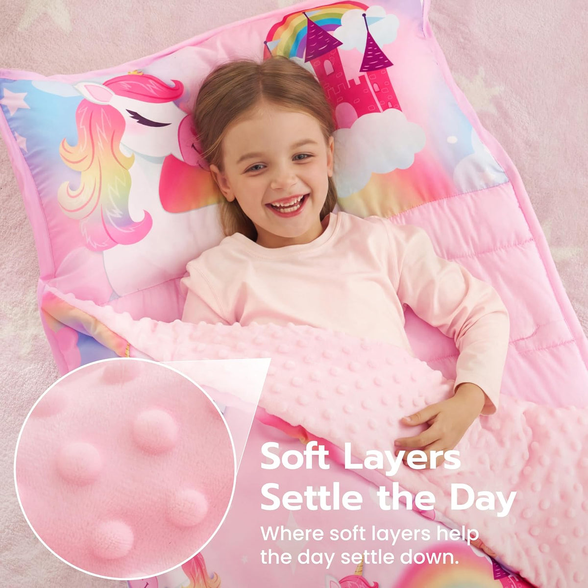 JOIEDOMI Toddler Nap Mat with Removable Pillow and Minky Blanket - Pink Unicorn - image 2