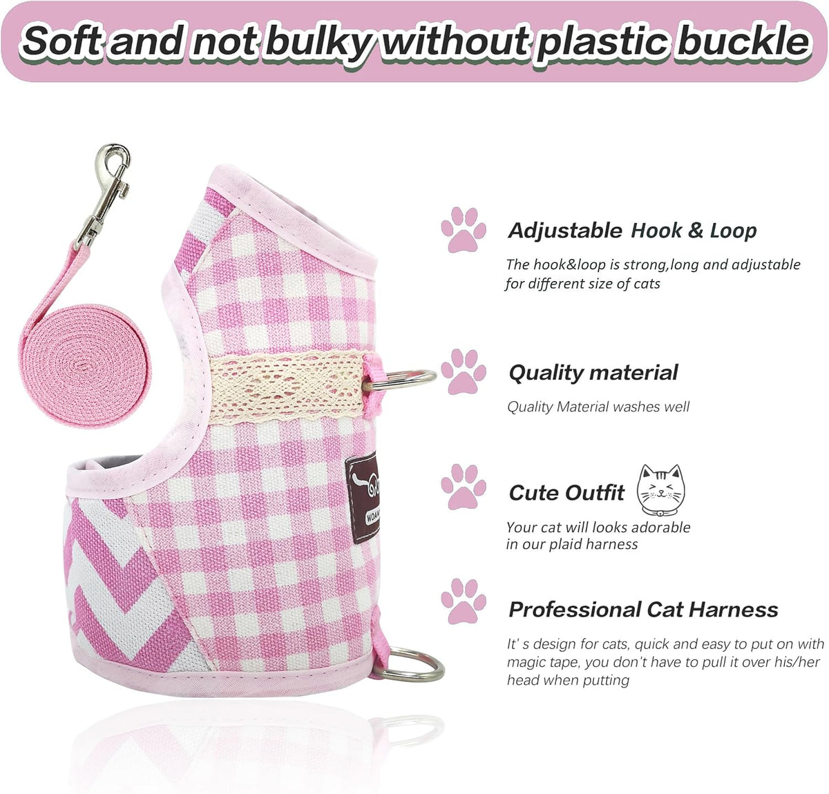 Cat Harness and Leash Set for Walking Escape Proof - Pink Plaid / M 5.5-9 lbs - image 4
