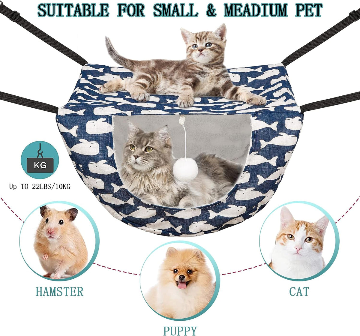 JSPYFITS Cat Cage Hammock with Ball - Blue - image 2