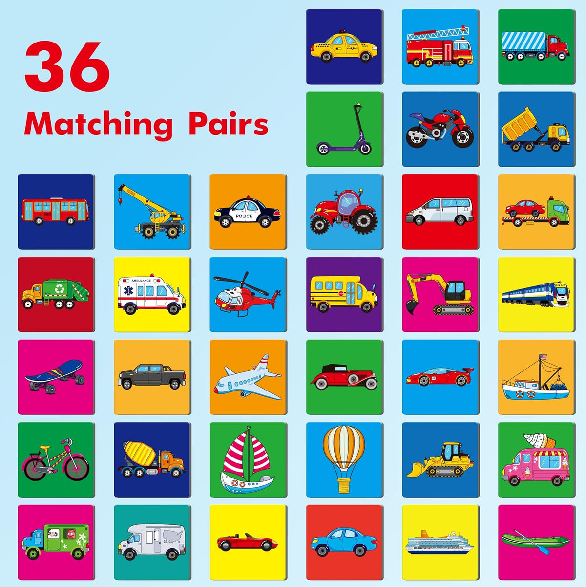 Hebayy 72 PCS Memory Matching Game - Vehicle - image 2