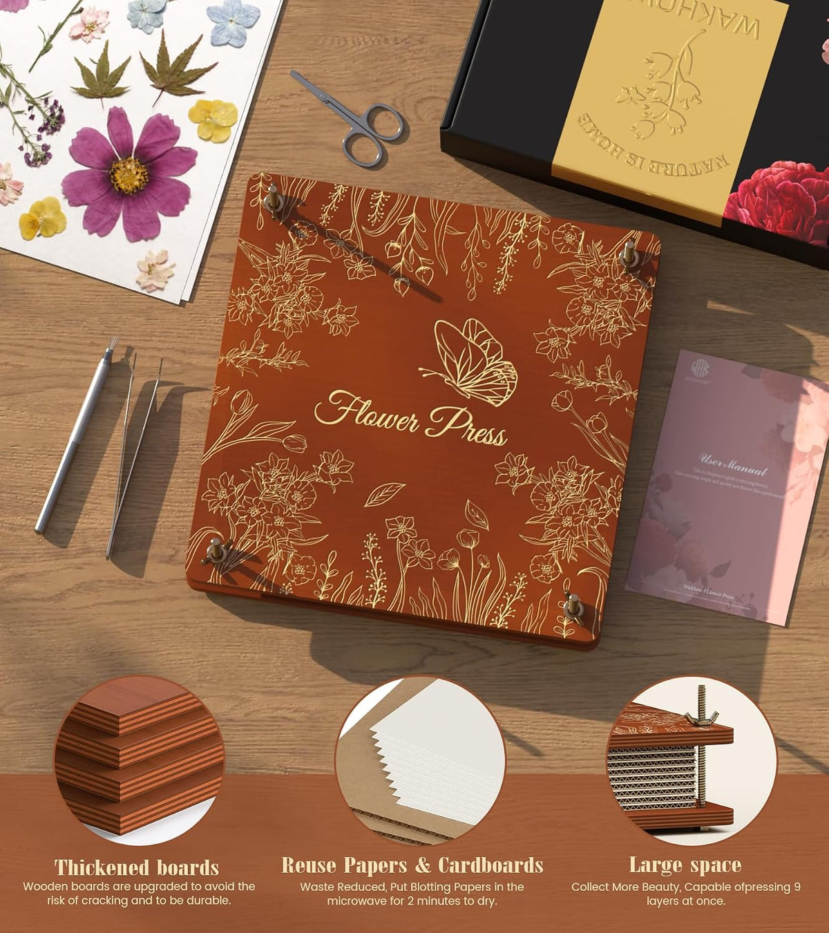Wakhow Flower Press Kit, 11" x 11" Large Wooden Flower Press for Adult Teen – Fun for Kids & Family - Reddish Brown - image 4