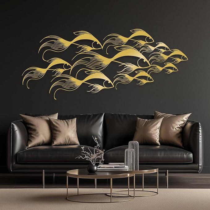 School of Fish Metal Wall Art, Metal Fish Wall Decor, Sea Life Wall Art, Large Nautical Wall Hanging, Modern Beach House Wall Decor, Ocean Themed Artwork for Bathroom (Silver, 24"x10" | 60x25cm)