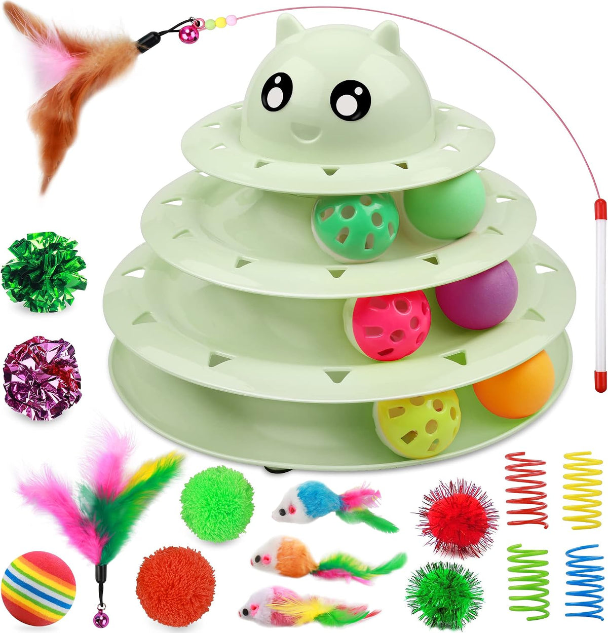 UPSKY Cat Toy Roller 3-Level Turntable Cat Toys with Six Colorful - B-Fruit Green
