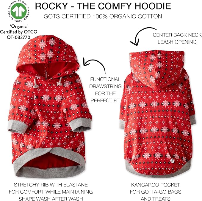 Rocky – The Orginal Lightweight Hooded TEE 100% Organic Cotton Dog Hoodie Pet Coat Sweater for Small, Medium, Large Dogs, Red Fair Isle, Small