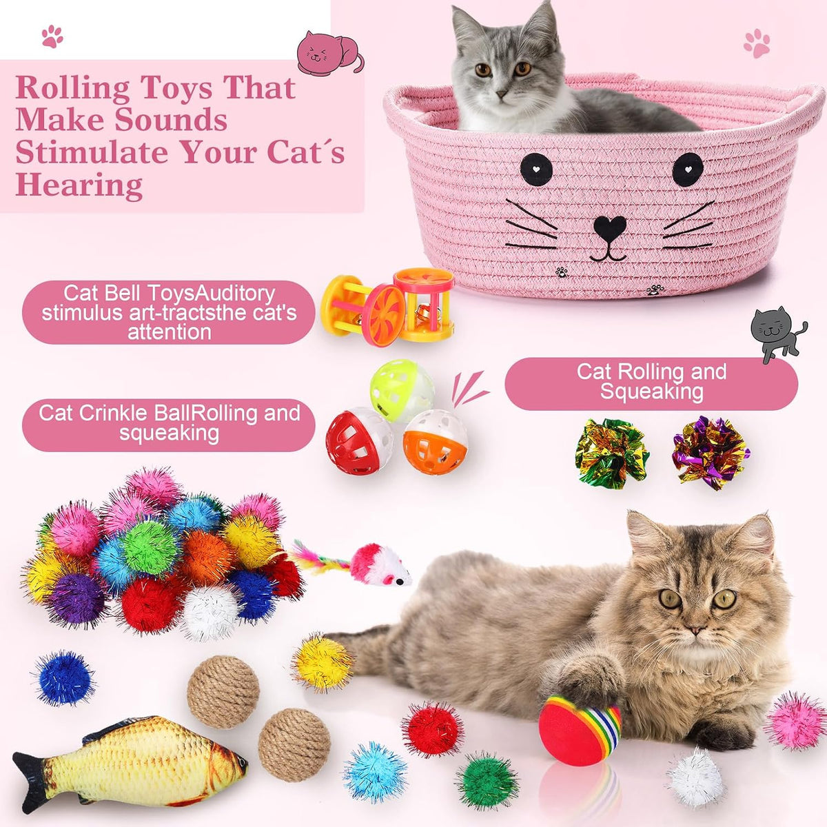 Zopeal 58 Pcs Cat Toy Set with Storage Basket Indoor, Grey - Pink / 9.8 Inch - image 4