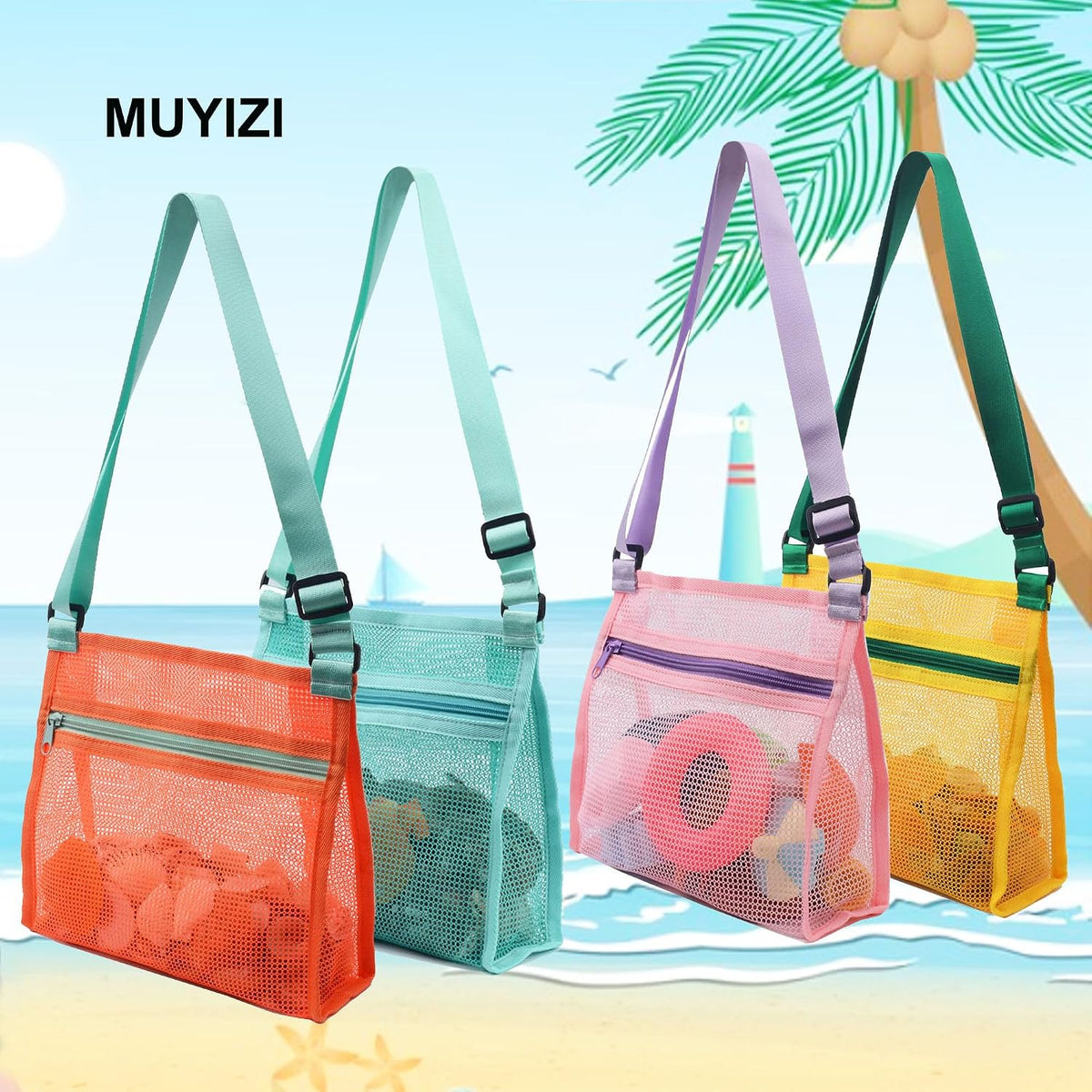 MUYIZI Mesh Beach Bag for Shells Collecting 3 Pack - Orange+Green+Pink+Yellow - image 2