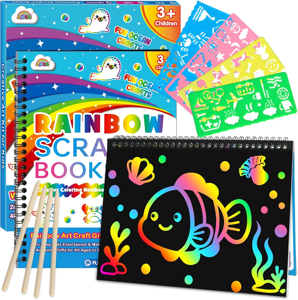 ZMLM Scratch Paper Art Craft: 2 Pack Rainbow Scratch Set for 3 4 5 6 - Ocean