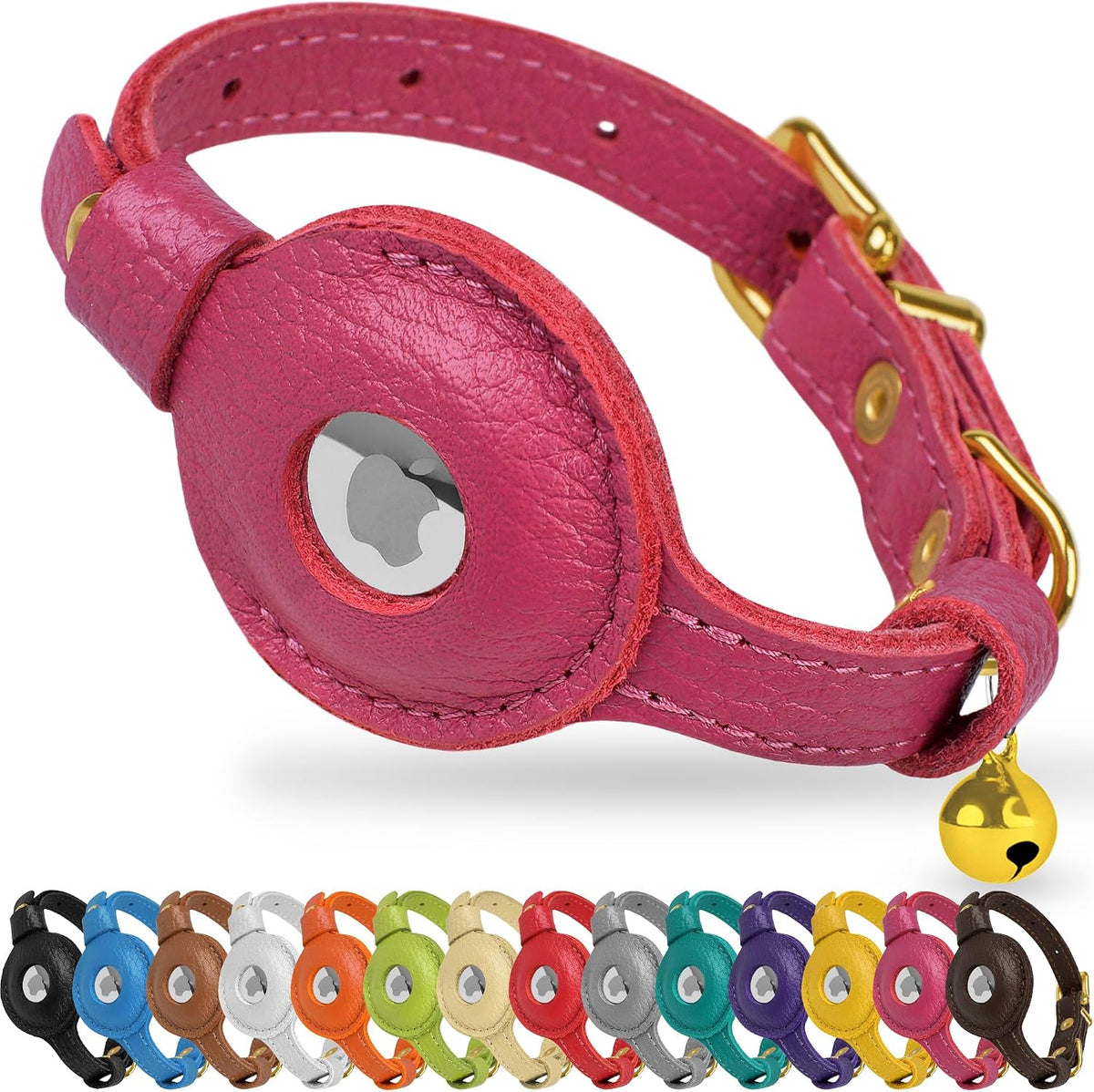 OOPSDOGGY Leather AirTag Cat Collar with Bell - Pink
