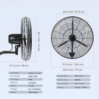 VEVOR 24 Inch 3-Speed 7000 CFM Black Waterproof Wall Mount Oscillating Fan