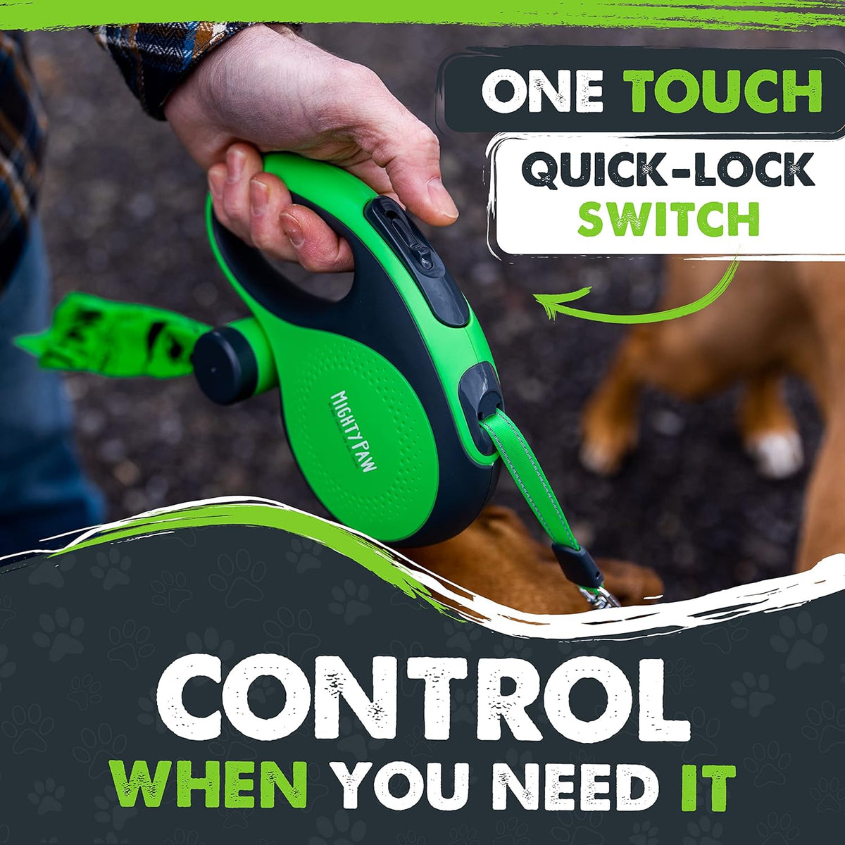 Mighty Paw Retractable Dog Leash, for Large Dogs, Auto-Locking - Deluxe Green / 0 - 50 lbs - image 2