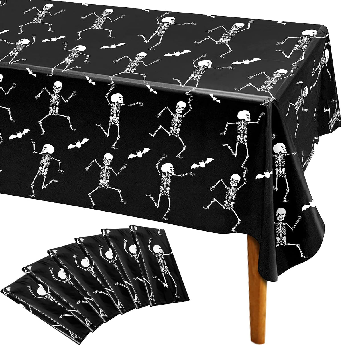 Iceyyyy Halloween skeleton tablecloth, black plastic table cover with skeleton print - view 4
