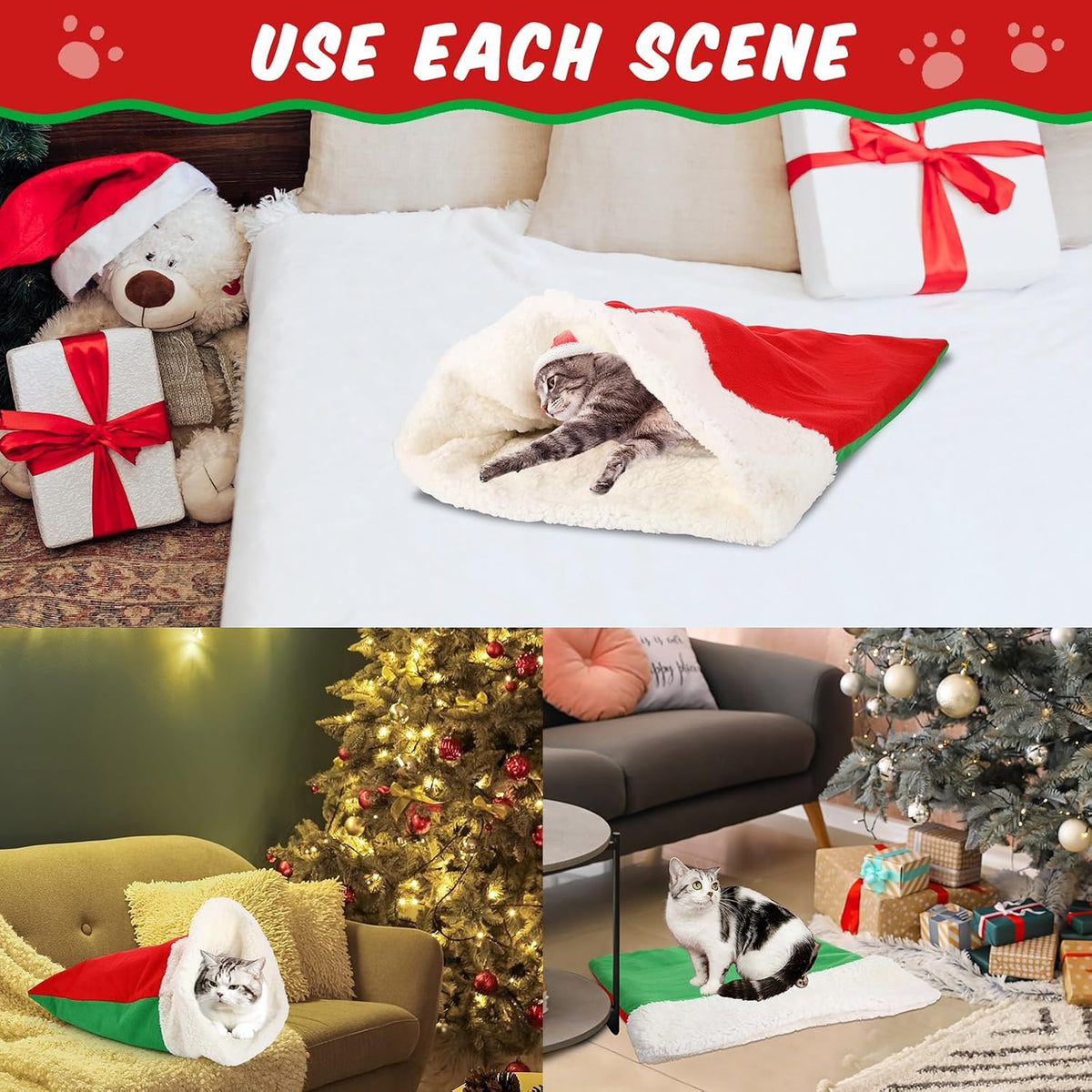 Self Heating Cat Sleeping Bag Indoor Self Warming Cat Bed Cave Heated - Christmas / Red and Green - image 4