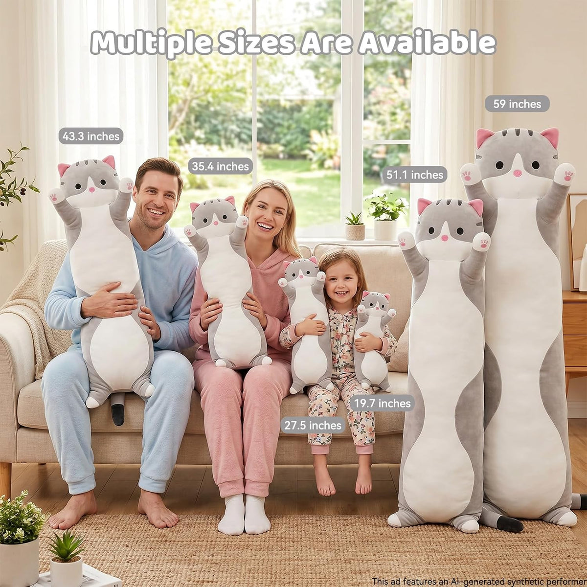 Cute Long Cat Plush Body Pillow, Soft Stuffed Animals 19.7 Inch – Fun for Kids & Family - Gray / 43.3 inches - image 2