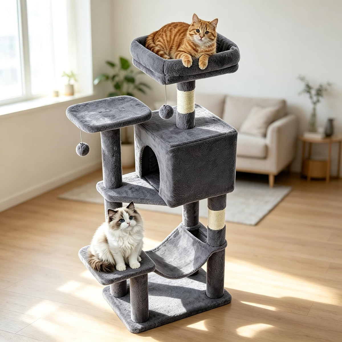 DUMOS 44 Inch Cat Tree Tower with Natural Sisal Scratching Posts – Essentials for Cats - Dark Grey / 4 / 43.6Inch