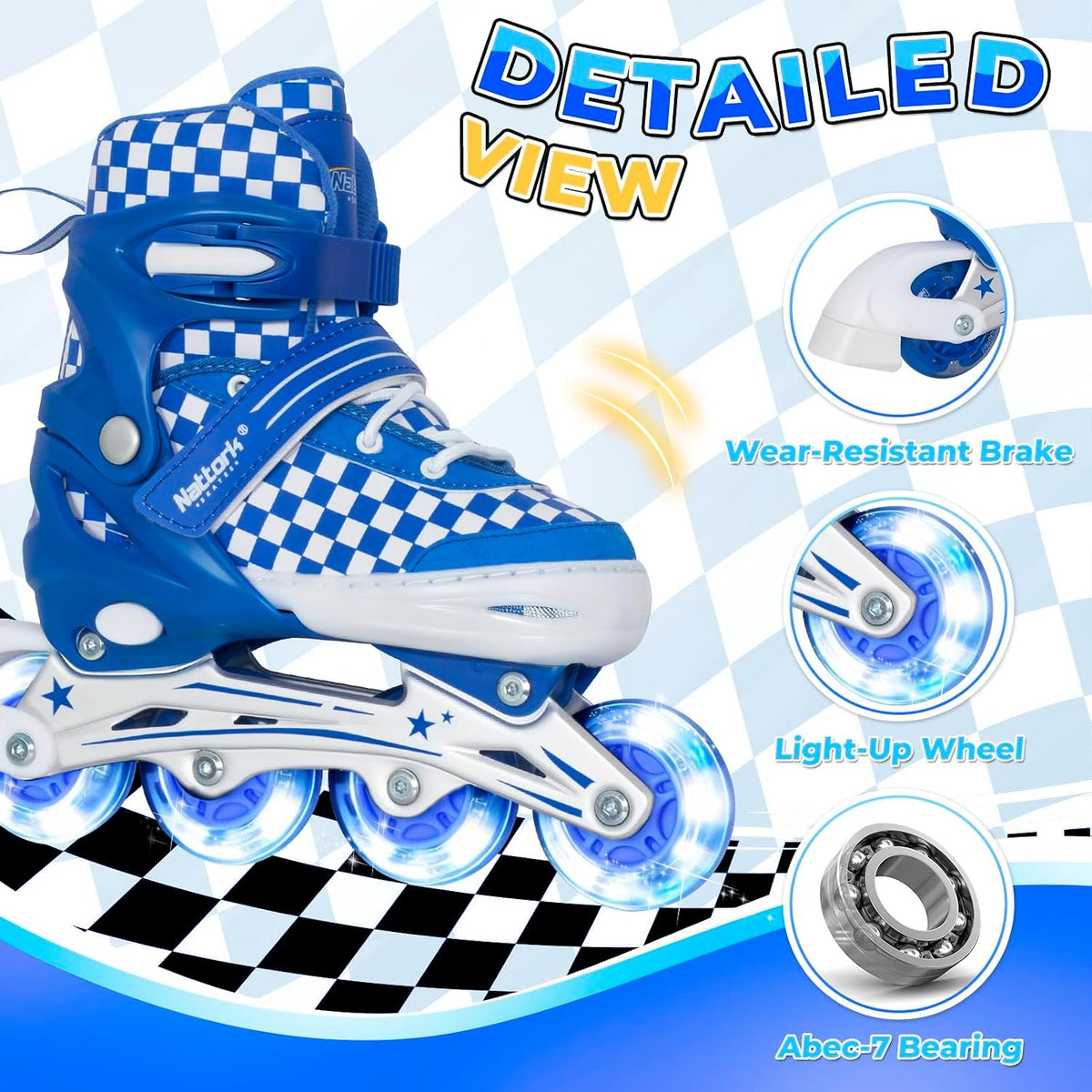 Nattork adjustable inline skates for kids with light-up wheels and checkerboard upper - view 11