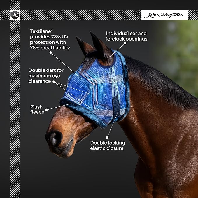 Kensington UV Fly Mask with Fleece Trim - Protective Mask with Dual Ear Opening & Forelock Freedom Size: Small Color: 181-Kentucky Blue