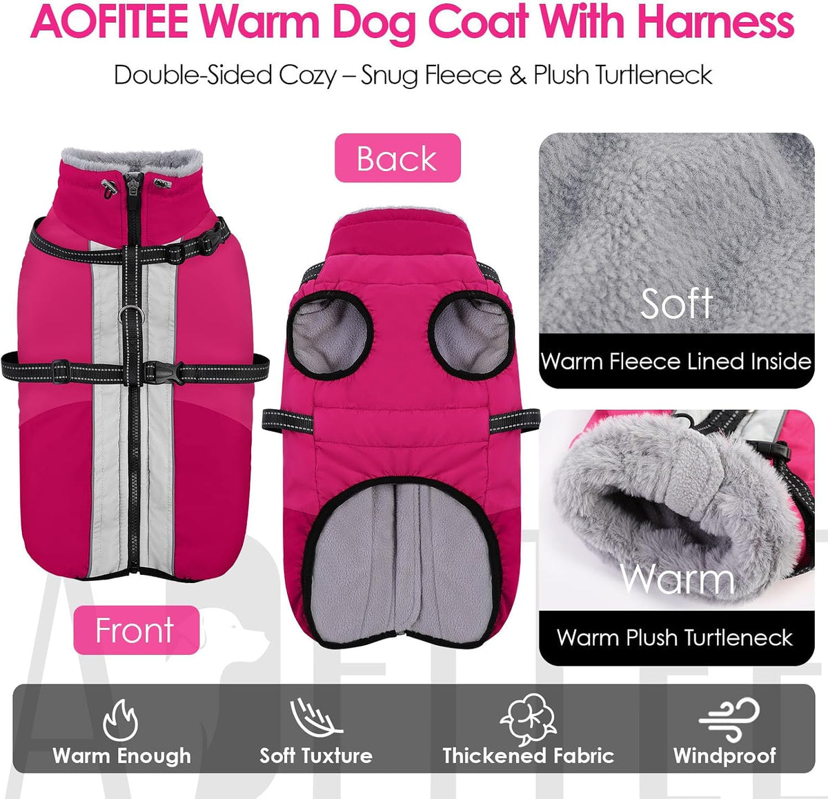 Large Dog Coat Waterproof Dog Winter Jacket with Harness TurquoiseL – Essentials for Dogs - RoseRed / XXX-Large - image 2