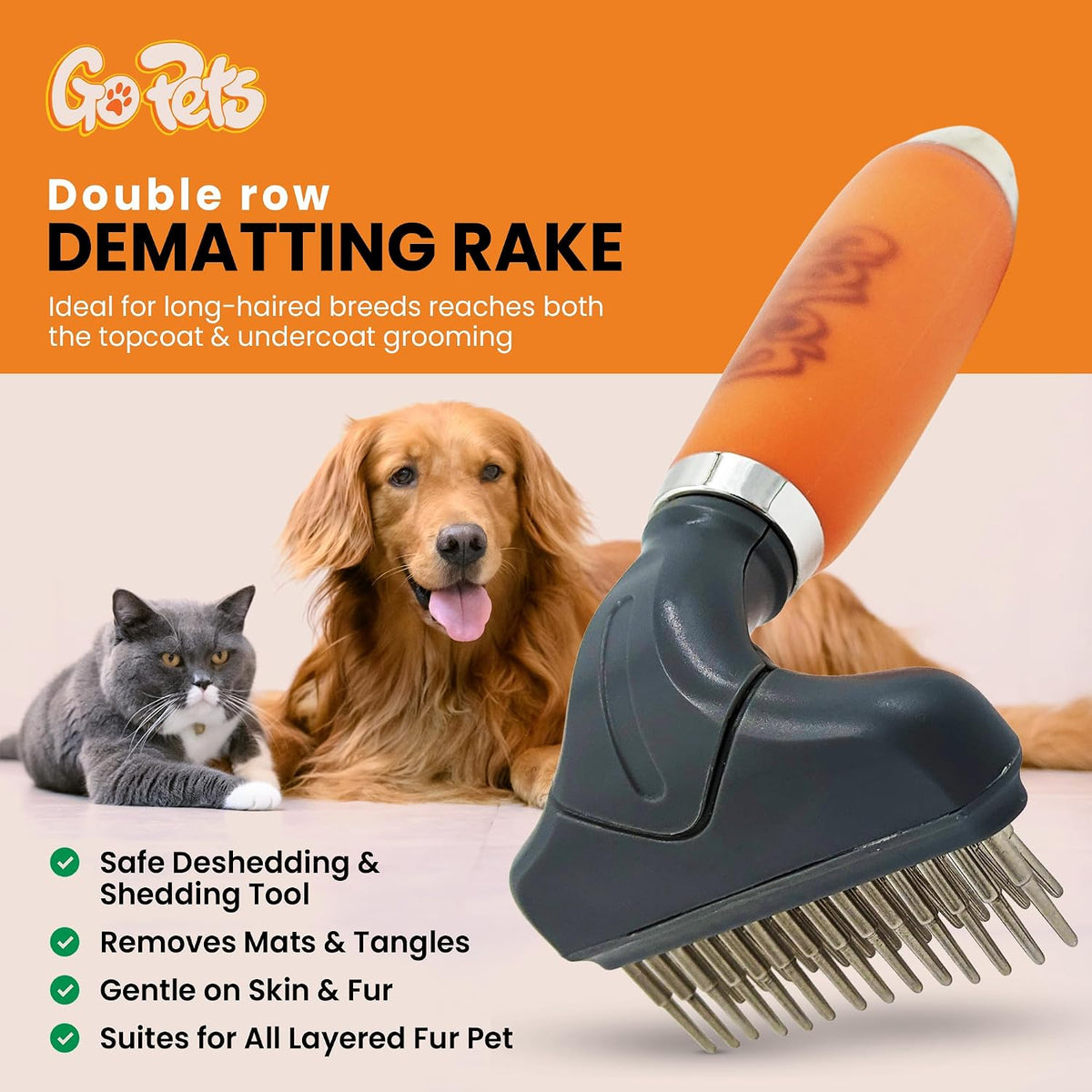 2-in-1 Deshedding & Dematting Comb & Grooming Brush for Dogs & Cats – Essentials for Dogs - Double Row Dematting Comb - image 2