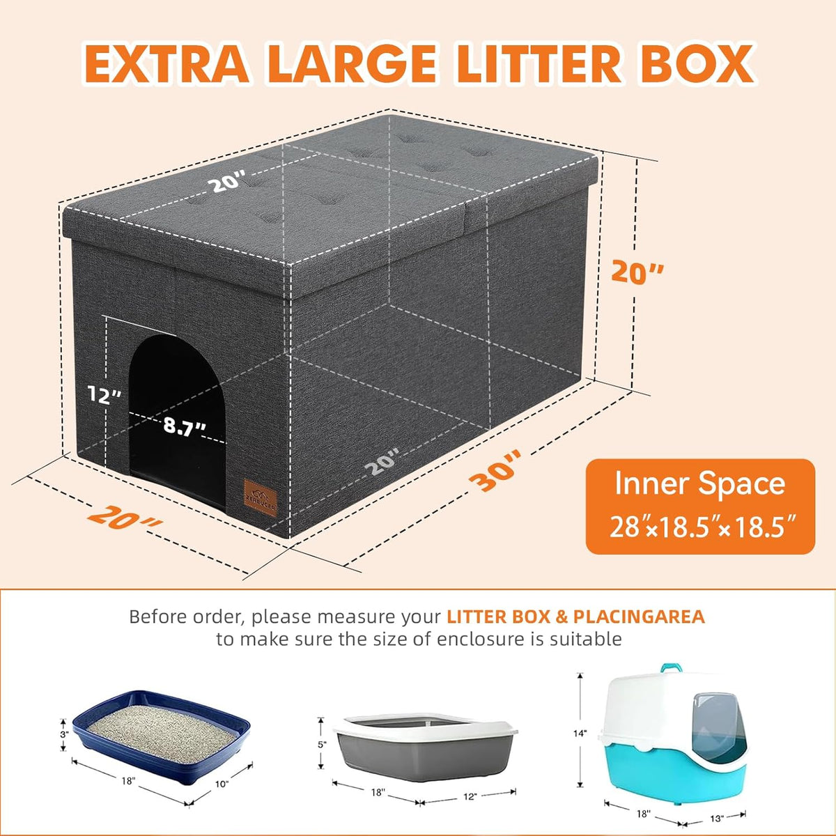 Zerbuger Cat Litter Box Enclosure Furniture for Odor Control – Essentials for Cats - Grey / X-Large - image 2