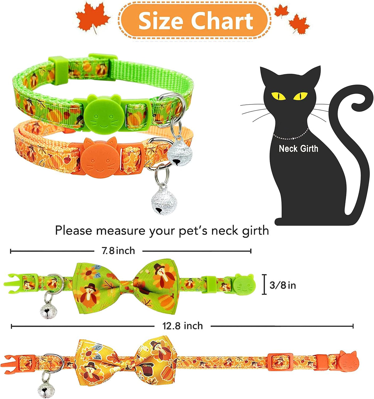 2 Pack Halloween Cat Collars with Bells, Breakaway - Thanksgiving Turkey - image 3