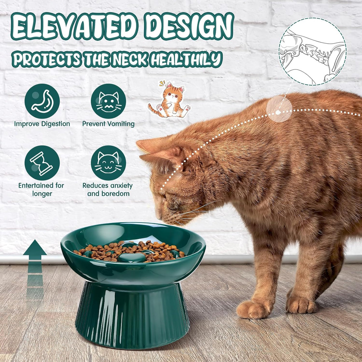 Tioncy 2 Pcs Ceramic Elevated Slow Feeder Cat Bowl - Dark Green / 2 - image 4