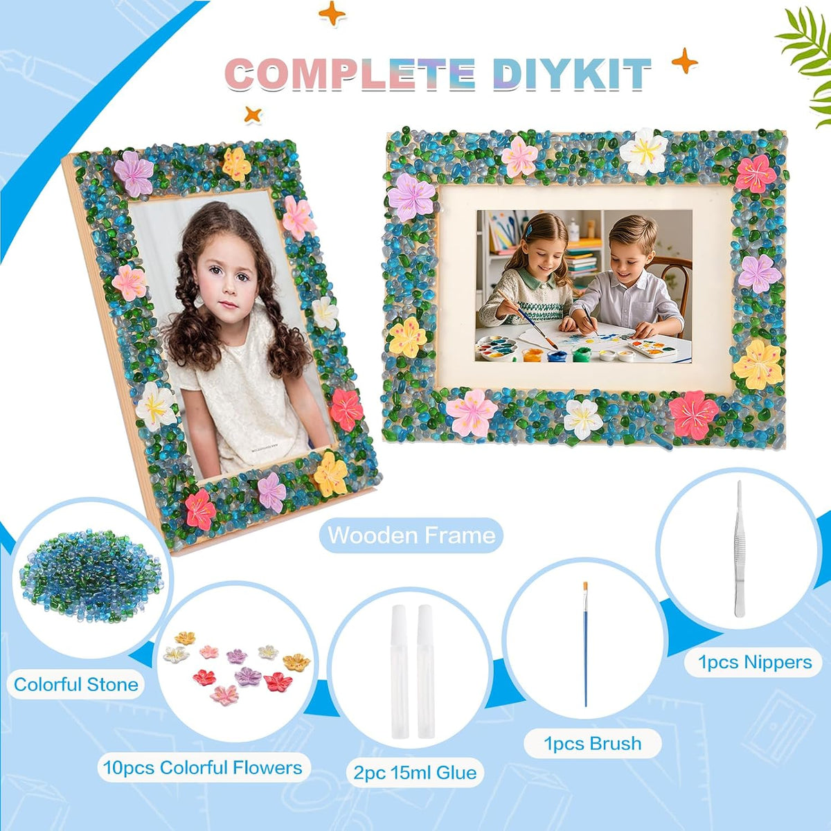 LEJITEKK mosaic picture frame craft kit with pink glass stones and wooden frame - view 7