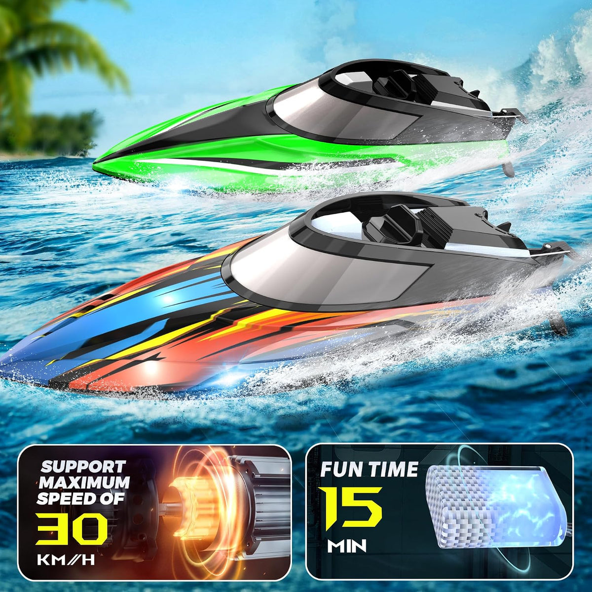 BEZGAR TX2P1,2 Packs 30 KPH RC Boats with Suitcase for Kids – Fun for Kids & Family - Green - image 2