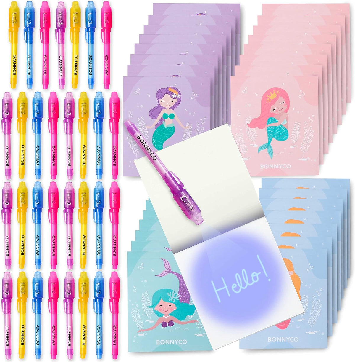 BONNYCO Invisible Ink Pen and Notebook Pack of 16 Party Favors - Mermaids - Pack 32