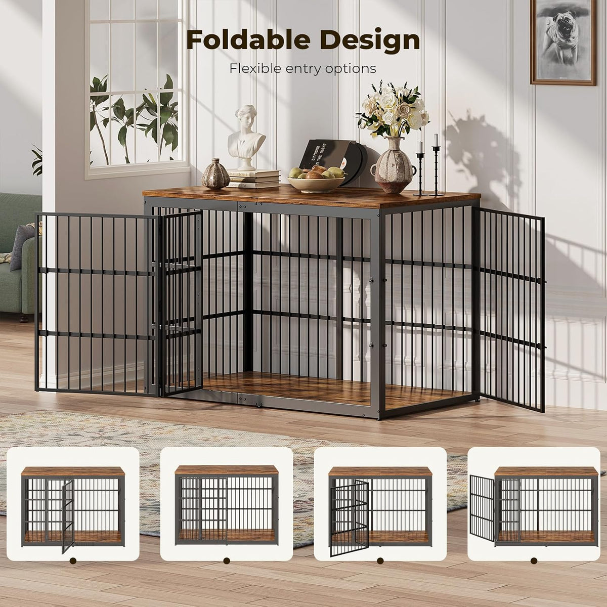 Lyromix 54" Dog Crate Furniture with Foldable Door - Rustic Brown / 53.8"L x 31.9"W x 37.2"H - image 2