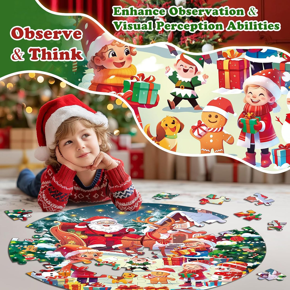 Rifamee 72 piece shimmery round Christmas floor puzzle with Santa delivering gifts - view 7
