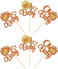 24 PCS Pumpkin Oh Baby Cupcake Toppers Glitter Fall Theme pumpkin - Pattern 1 Orange - image 3