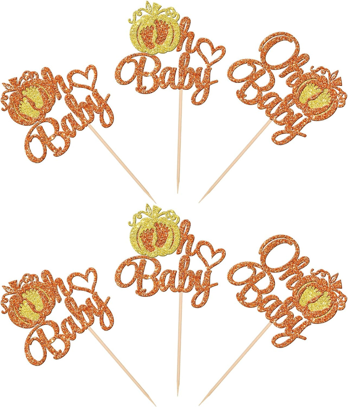 24 PCS Pumpkin Oh Baby Cupcake Toppers Glitter Fall Theme pumpkin - Pattern 1 Orange - image 3