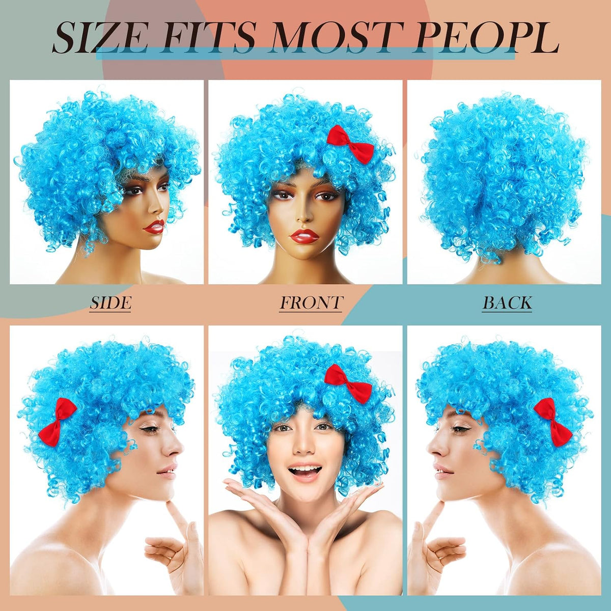 Jutom two sky blue curly afro costume wigs with red bows - view 4