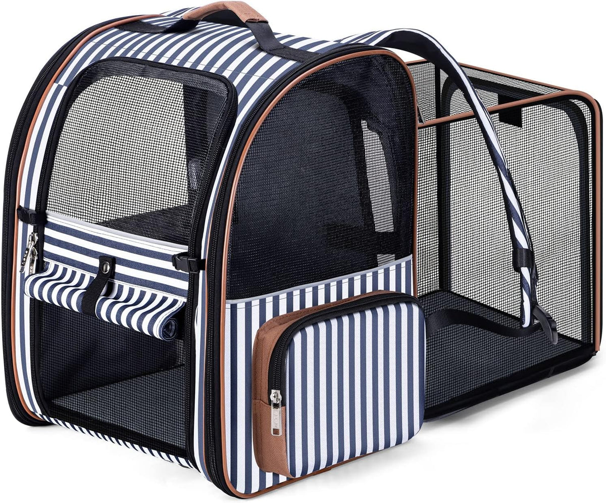 Cat Carrier Backpack, Expandable Pet Carrier with Sun Shade & Full Front Opening, Breathable Mesh - Striped / XL-Mesh Window