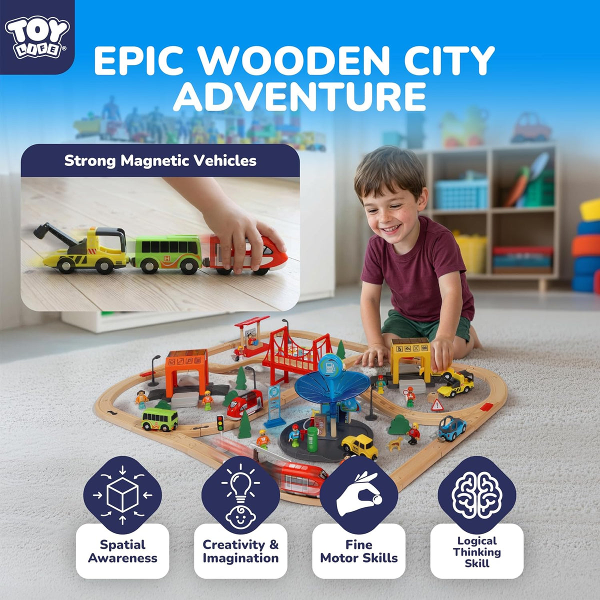 TOY Life Wooden Train Set with Crane, 60-Pc Track, Boys 3-8 – Fun for Kids & Family - 119 PCS - image 2