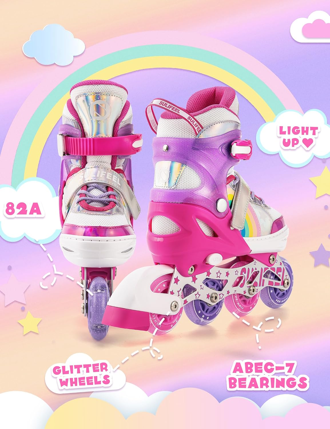 SULIFEEL Rainbow Unicorn Adjustable Kids Inline Skates for Girls Boys – Fun for Kids & Family - C Pink / Small - Little Kid - image 4