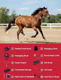 11PCS Horse Grooming Kit Curry Comb Sweat Scraper Horse Bathing Supplies Grooming Tools with Storage Bag Shadowberry