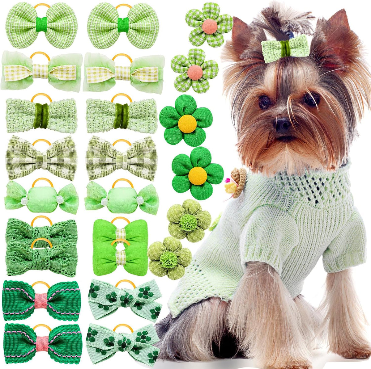 20Pcs Brown Dog Hair Bows with Rubber Bands for Small Medium Dogs – Essentials for Dogs - Green-A336