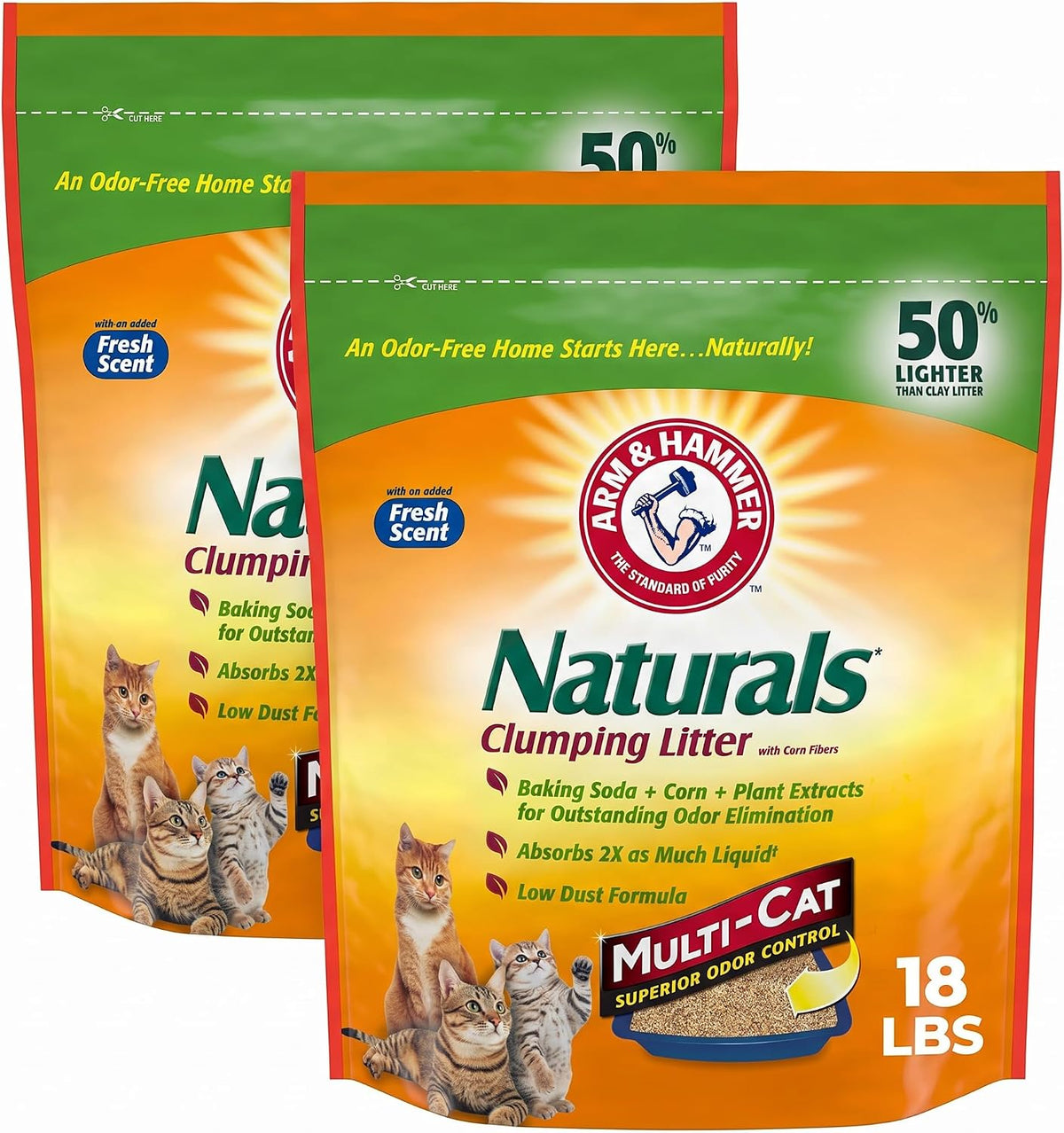 ARM & HAMMER Naturals Clumping Cat, Litter Odor Control - 18 Lbs (Pack of 2)
