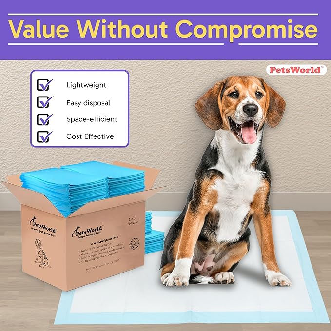 PETSWORLD Puppy Pads, 23x36 Inch, 100 Count - Puppy Pee Pads for Dogs, Tear Resistant, Economy Value, Super-Absorbent Polymer Gel Core, Perfect for Puppies, Smaller Dogs