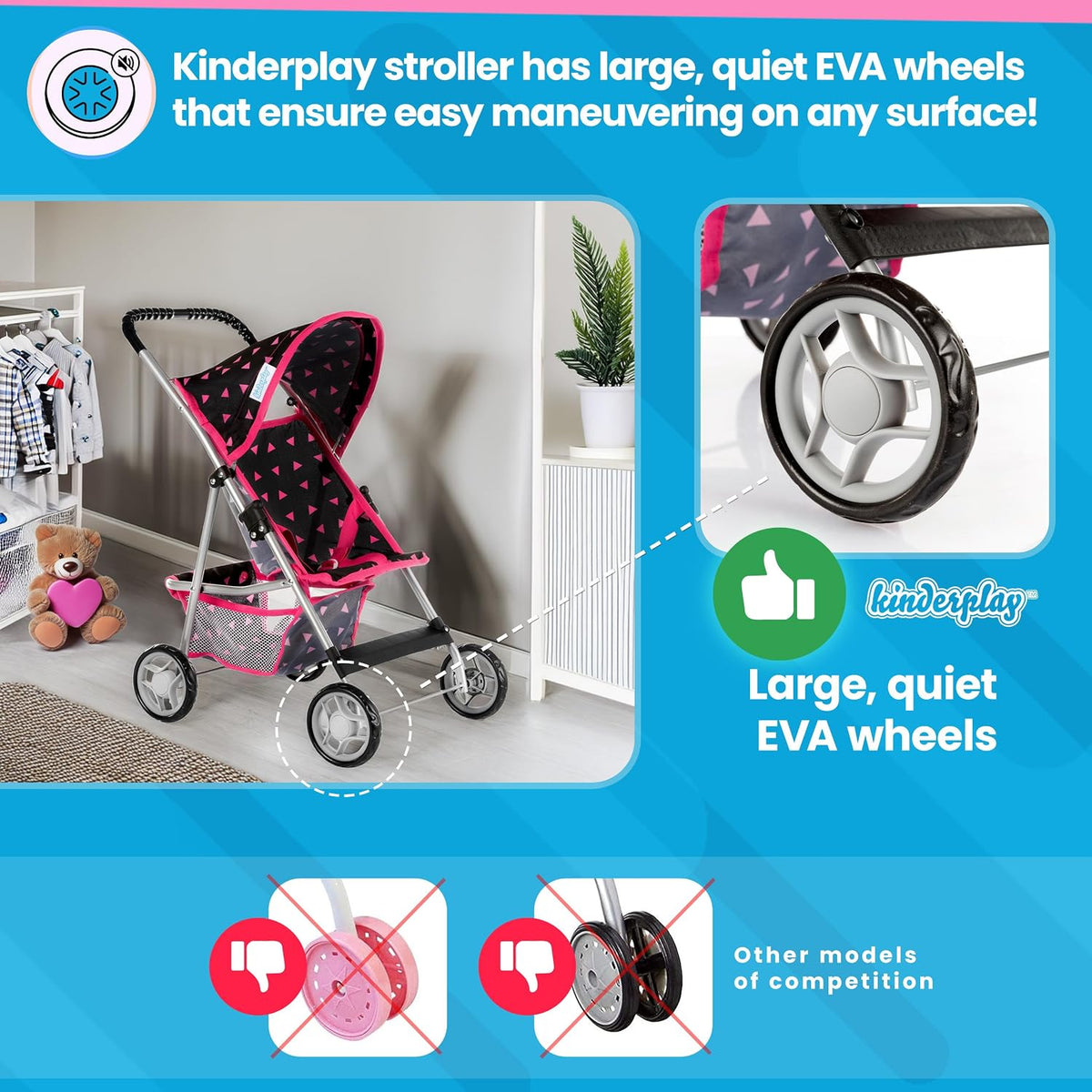 Baby Doll Stroller, Pram for Girls, Umbrella Stroller for Kids - Black in Triangles - image 2