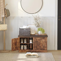 DINZI LVJ Shoe Bench, Entryway Storage Bench with Doors, Cushion, 2-Tier Shoe Rack with 6-Cubby, 31.5”L x 13.8”W Shoe Organizer Cabinet, Adjustable Shelf, Living Room, Bedroom, Rustic Brown
