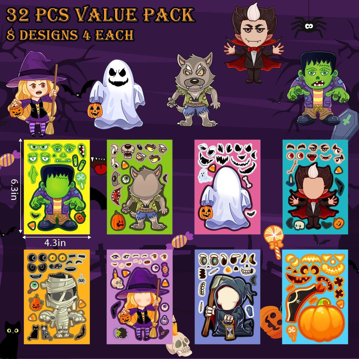 Aowplc 56 Halloween Pumpkin Make-a-Face Sticker Sheets for Kids - 32 Halloween - image 2